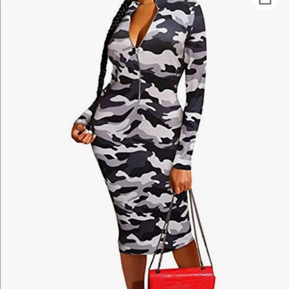 🎉3 For $20 Or $8 Each Camo Printed Zipper Neck Knit Bodycon Midi Dresses - Picture 5 of 9